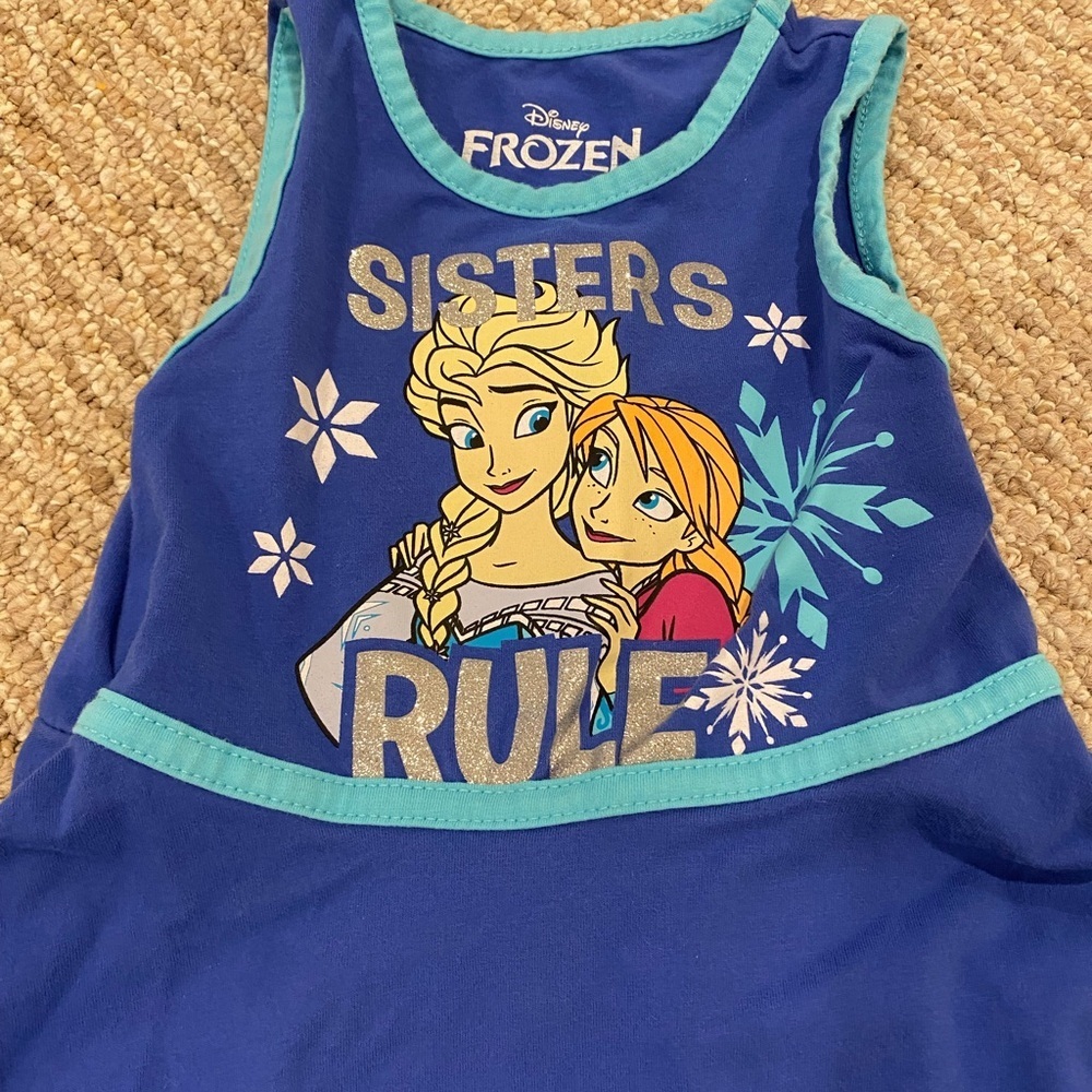 Disney Frozen Toddler Girls Blue Sleeveless Dress Size 2T Sisters Rule - Picture 3 of 6